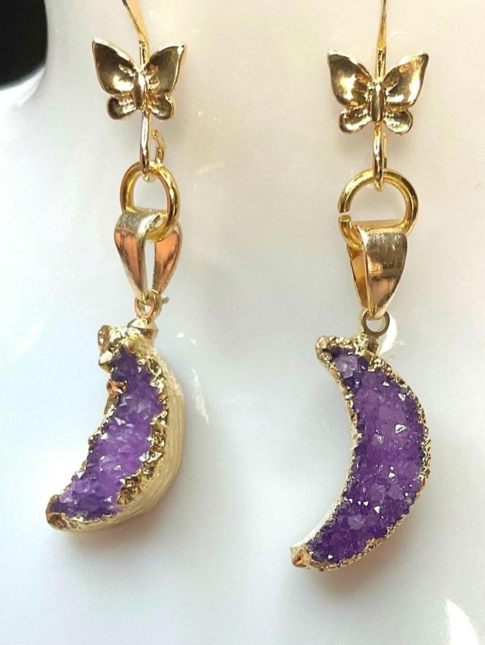 Handmade amethyst quartz crystal crescent moon bohemian earrings with gold plate